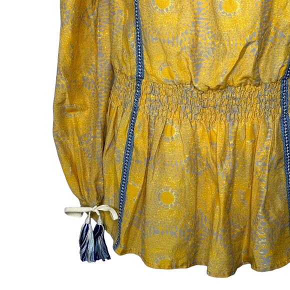LemLem Makena Off Shoulder Long Sleeve Blouse Yellow Blue Trim Women Small NWOT - Picture 5 of 9